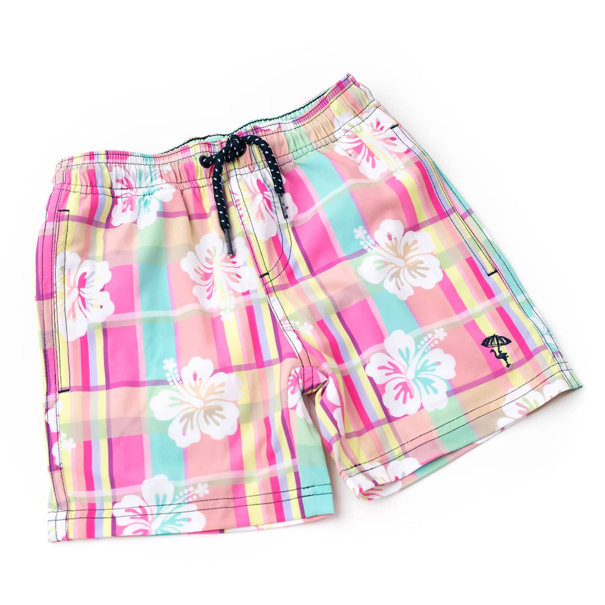 Detail of Hibiscus Plaid Boys 4 Way Stretch Swim Trunks 6m-10