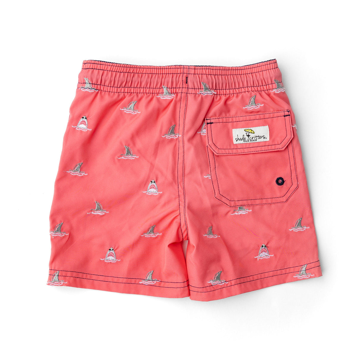 Detail of Shade Critters Shark Bite Boys 4 Way Stretch Water Appearing Embroidered Swim Trunks 6m-10