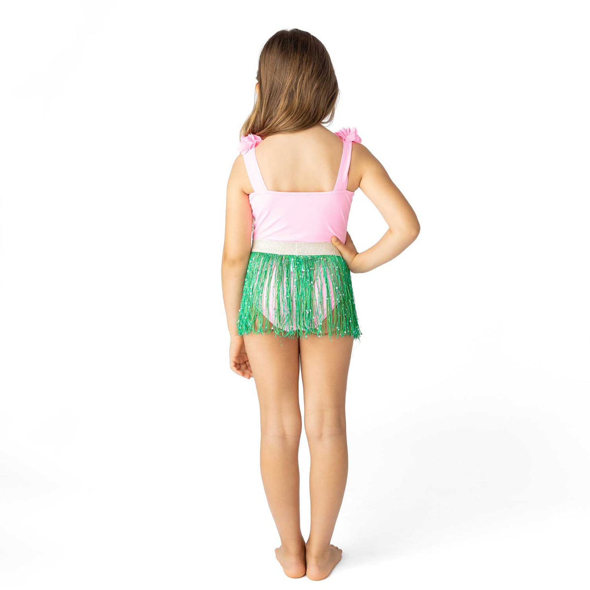 Back of Shade Critters Light Pink Girls Hula Girl Lei One Piece & Fringe Skirt Swim Set 3-10