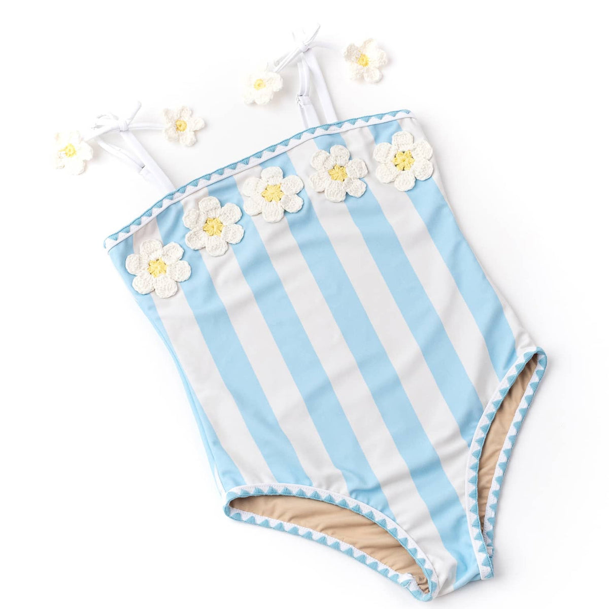 Detail of Cabana Daisy Girls Crochet PomPom One Piece Swimsuit 6m-8