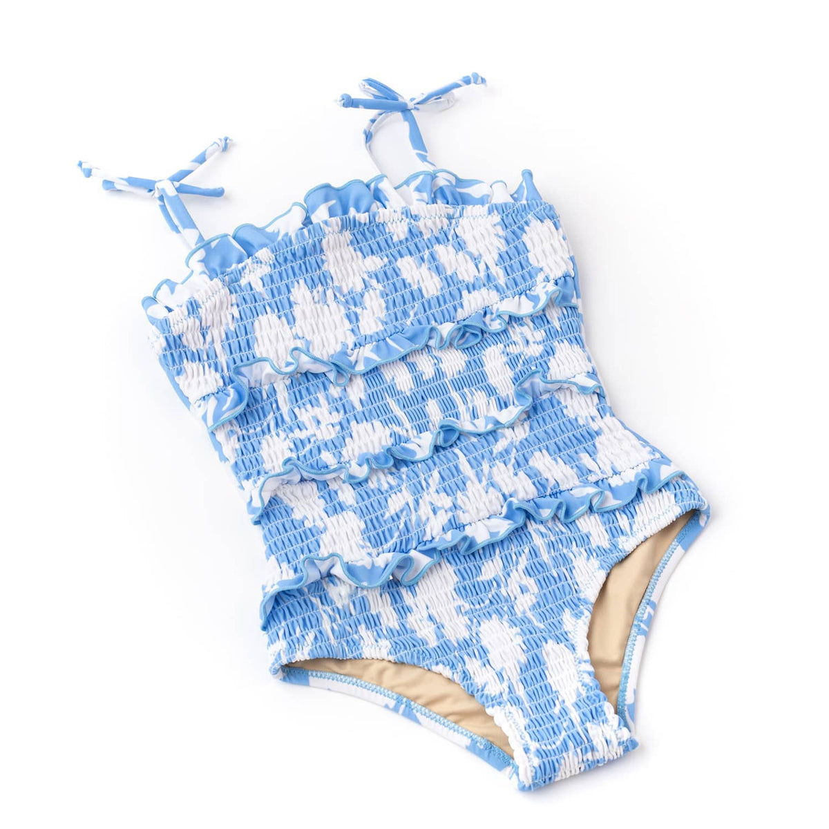 Detail of Blue Floral Girls Ruffle Smocked One Piece Swimsuit 6m-10