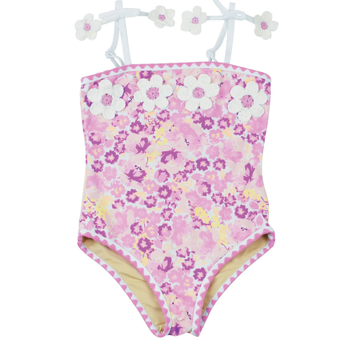 Shade Critters Purple Ditsy Floral Girls Crochet Pom Pom One Piece Swimsuit