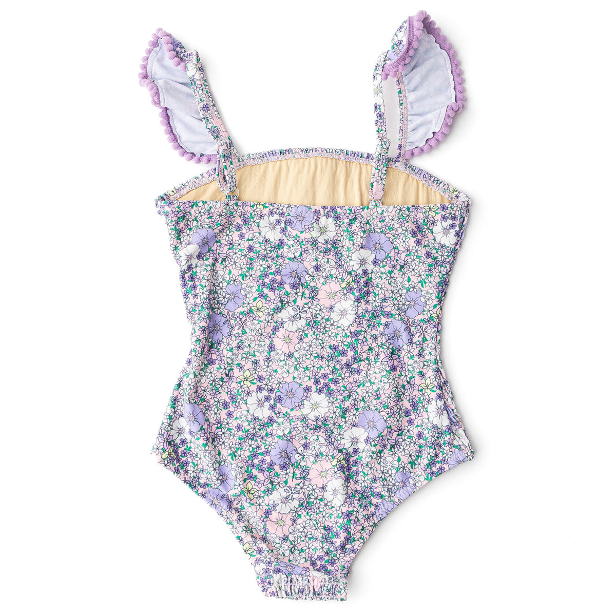 Back of Shade Critters Flower Power Purple Smocked One Piece Swimsuit 6m-10