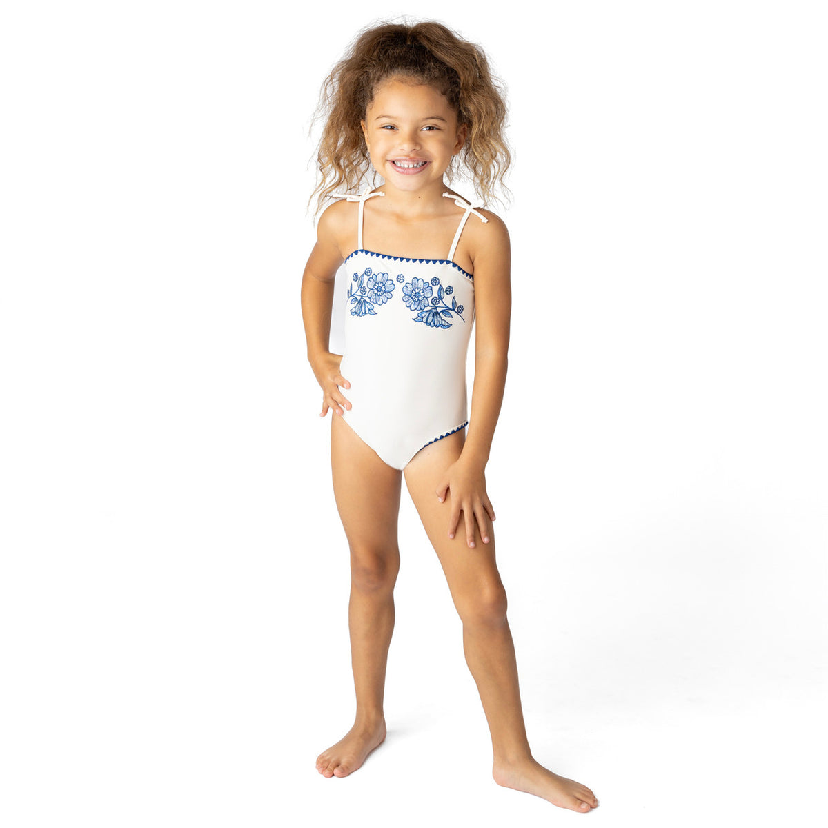 Kids Swim Brand Shade Critters White & Navy Girls Embroidered One Piece Swimsuit 6m-10