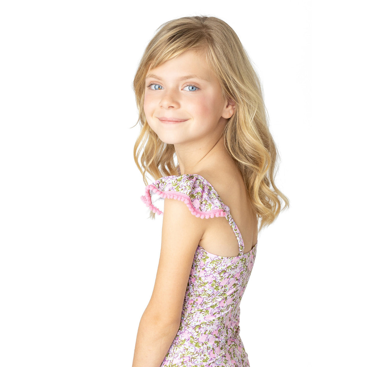 Shade Critters Blushing Blooms smocked one piece swimsuit close up.