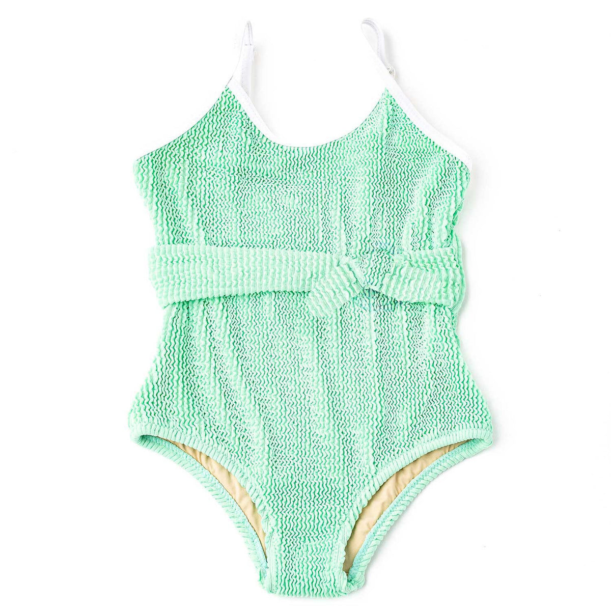 Shade Critters girls crinkle one piece swimsuit in mint green with belted waist detail, textured kids swimwear with modern fit.
