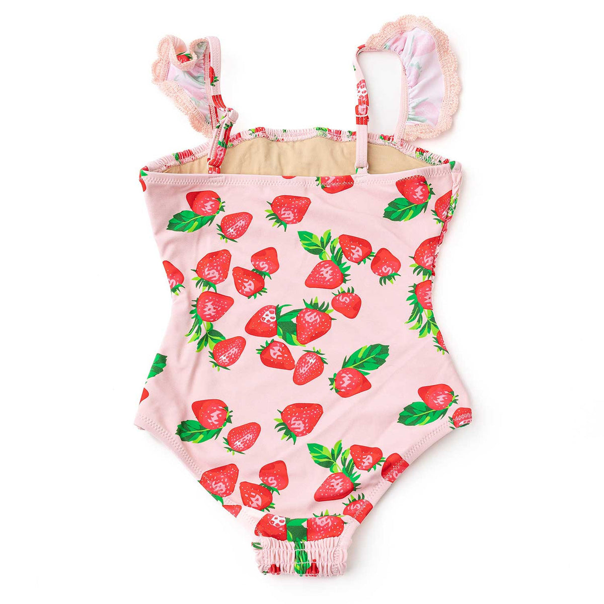 Girls strawberry print one piece swimsuit with crochet trim and soft stretch fit, comfortable kids swimwear.