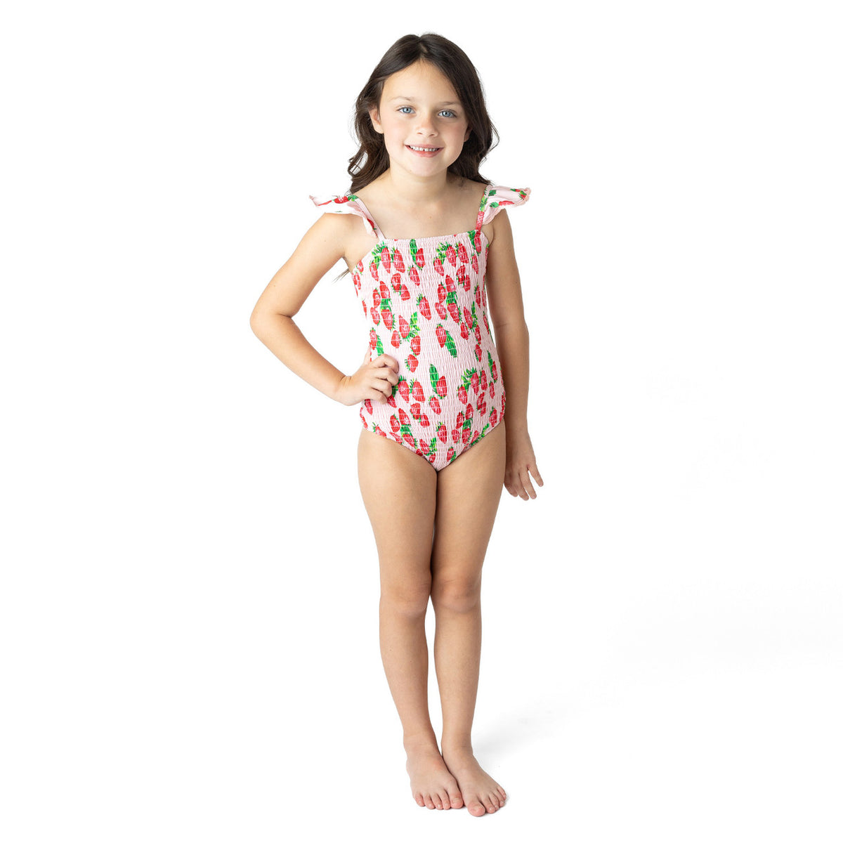Girls strawberry print one piece swimsuit with smocked bodice and crochet trim, stylish kids swimwear.