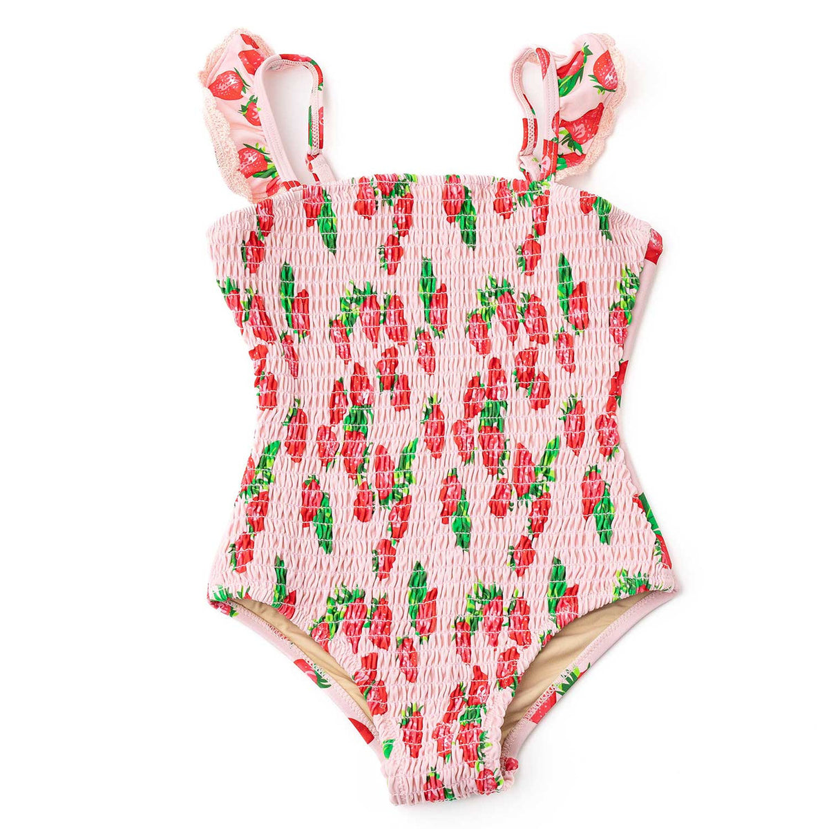 Girls strawberry bliss one piece swimsuit with smocked texture and crochet trim detail, cute kids swimwear.