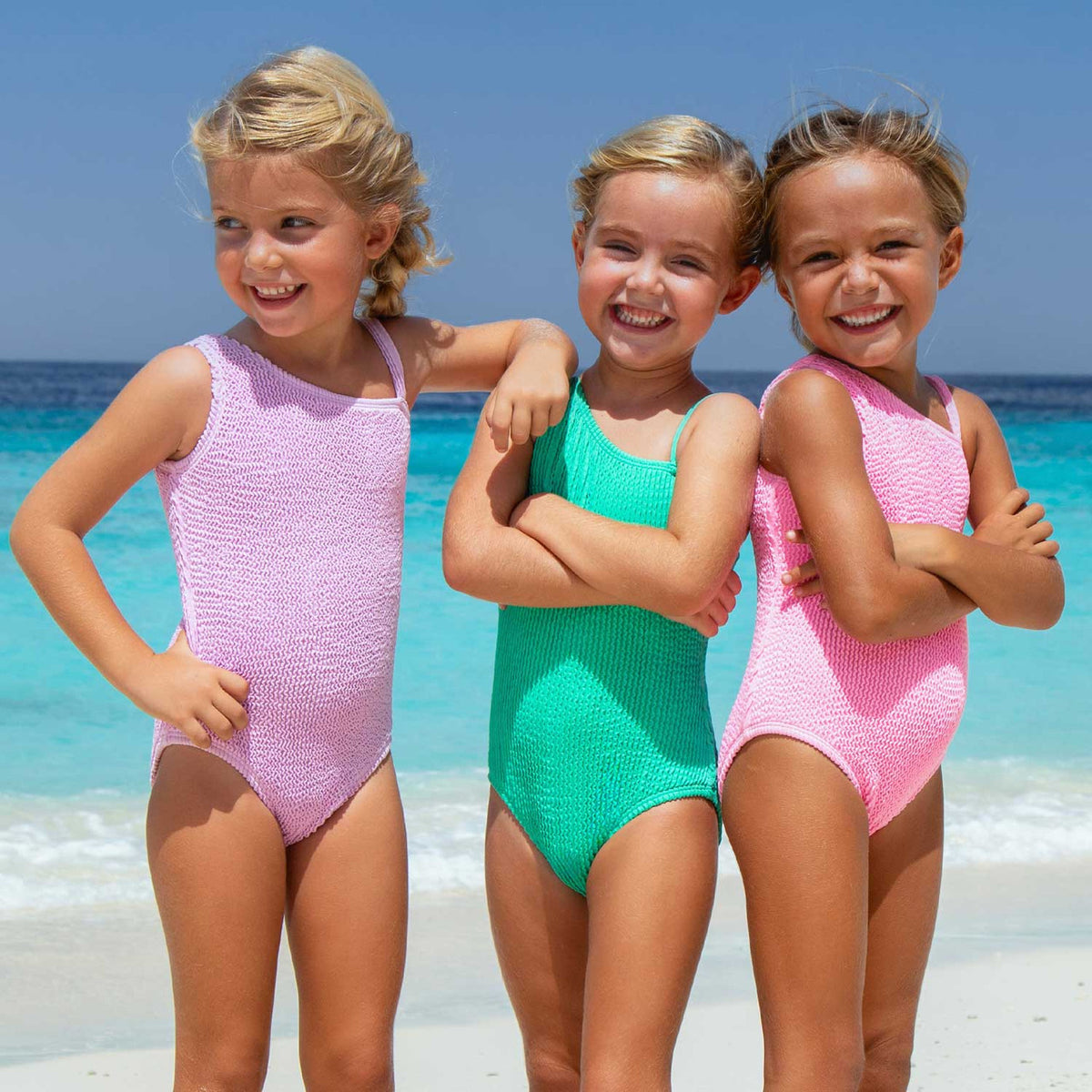 Detail of Green Girls Crinkle Textured One Shoulder One Piece Swimsuit 3-14