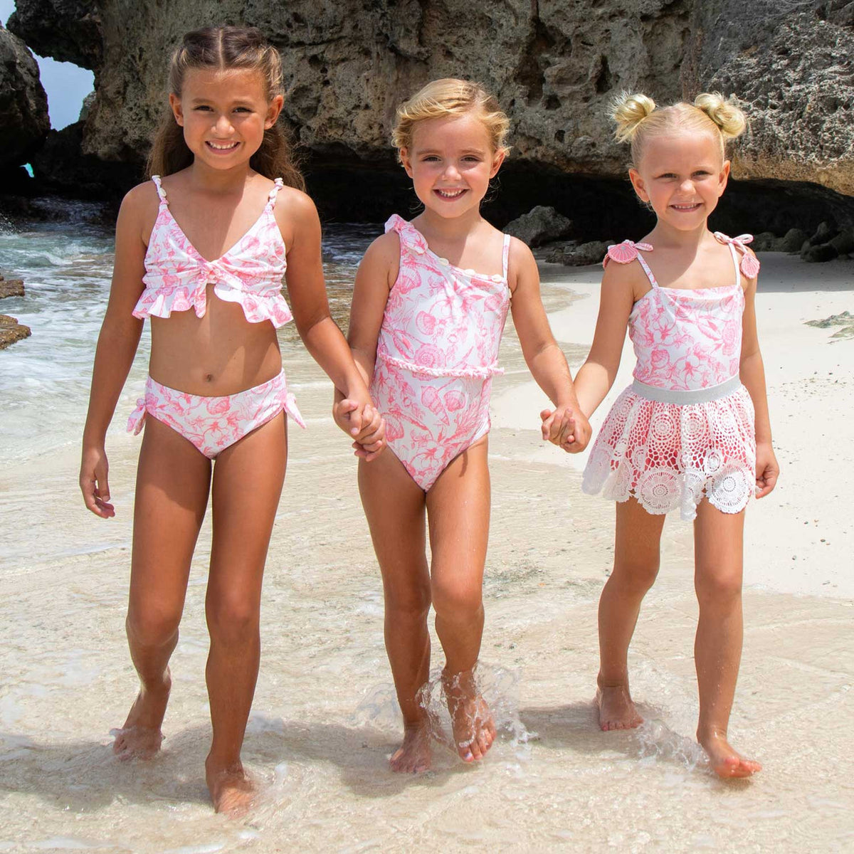 Kids Swim suit by Shade Critters Seaside Toile Girls Shell One Shoulder Swimsuit Set 3t-10 2-10