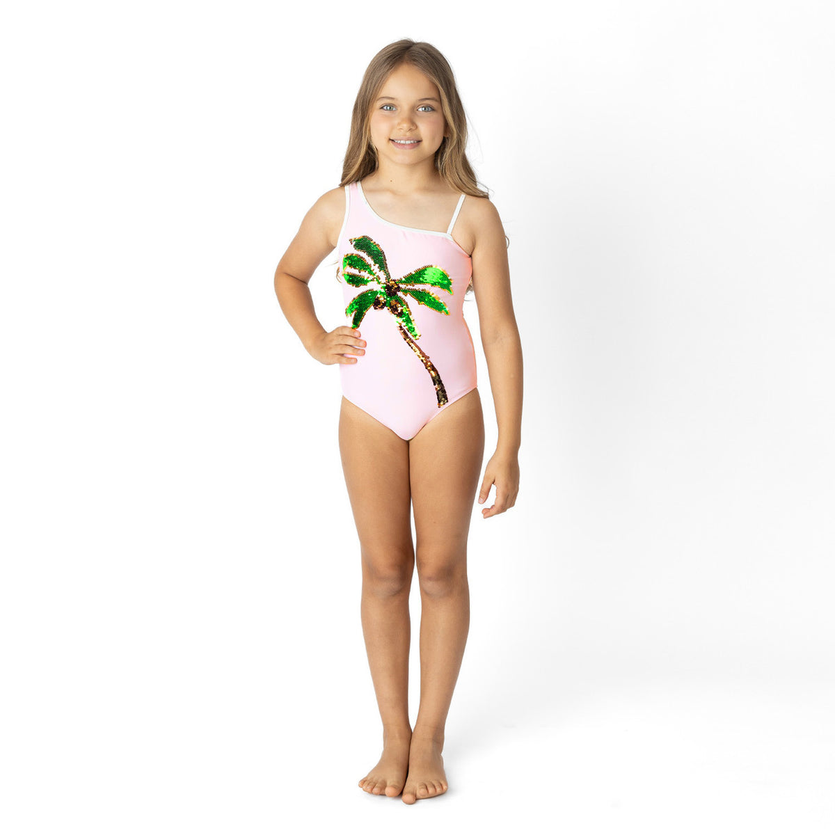 Girls Coco Palm one shoulder one piece swimsuit on model showing fit.