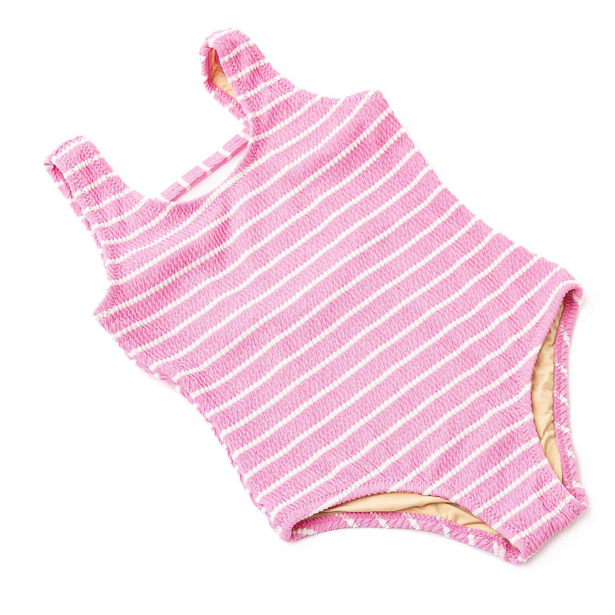 Girls pink stripe one piece swimsuit with crinkle texture and comfortable stretch design, stylish kids swimwear.