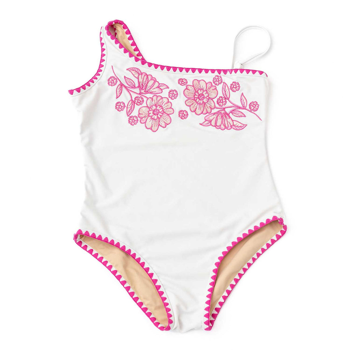 Shade Critters girls one shoulder one piece swimsuit in white with pink embroidery and contrast trim, stylish kids swimwear.