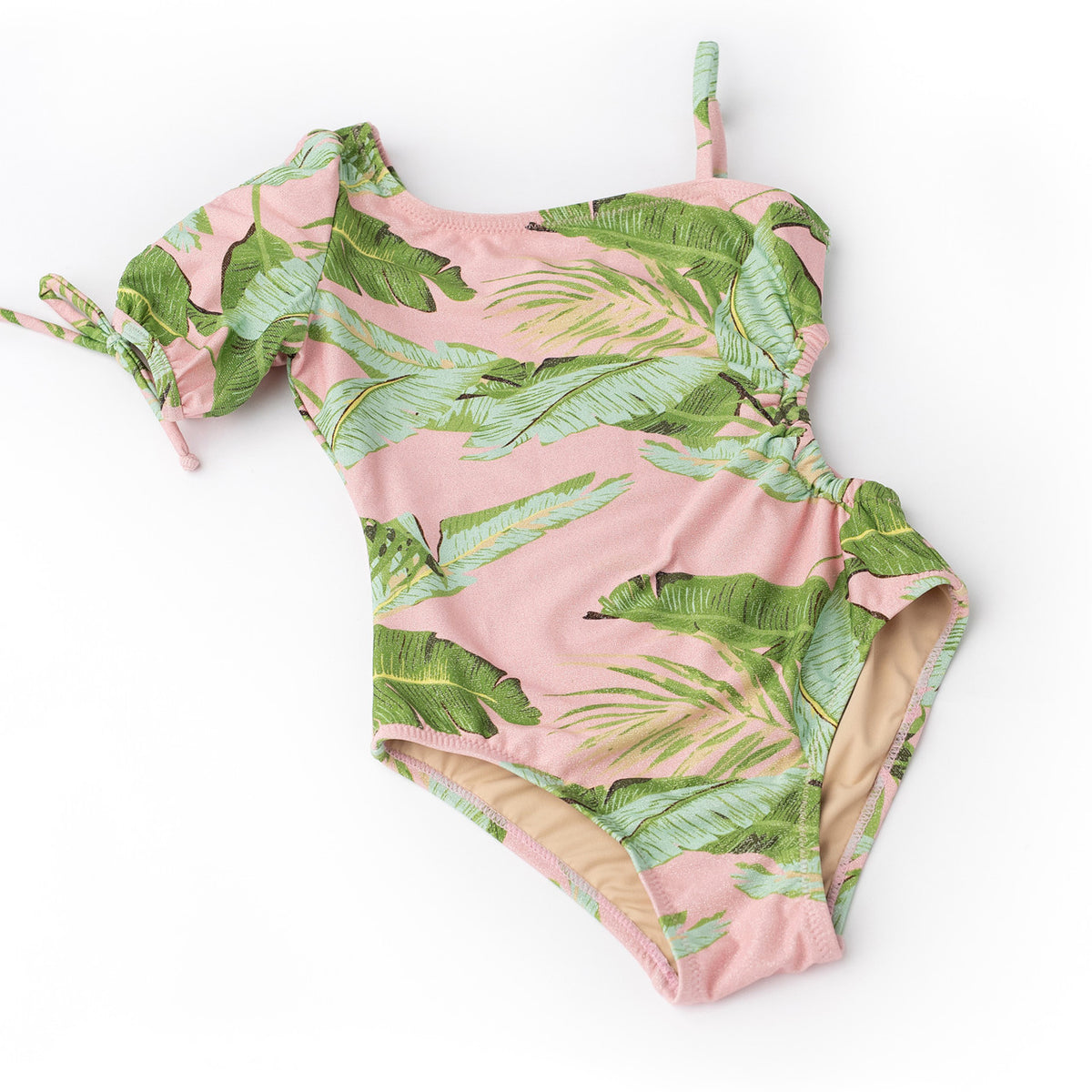 Details of Cabana Palms Girls Shimmer Puff Sleeve Cut Out One Piece Swimsuit 4-14