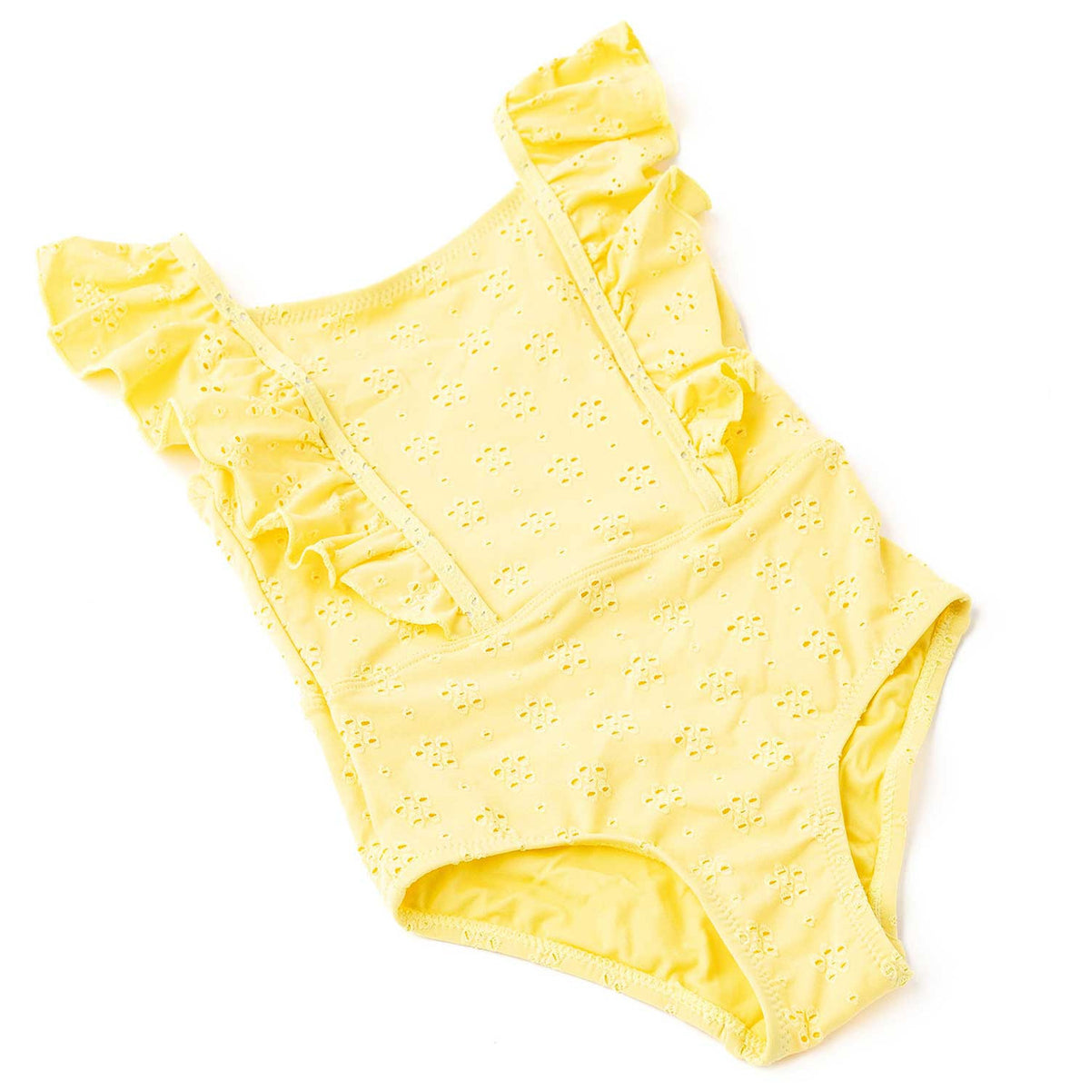 Girls yellow eyelet one piece swimsuit with ruffle shoulder detail and delicate textured fabric, cute kids swimwear.