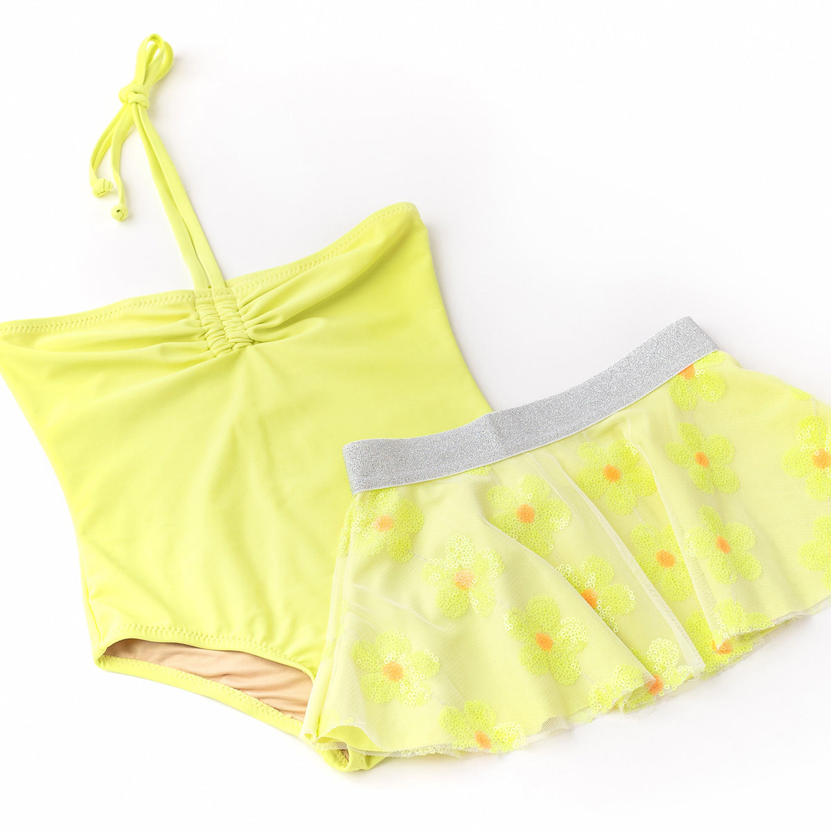 Detail of Yellow Girls Halter One Piece & Sequin Skirt Swim Set 3-10