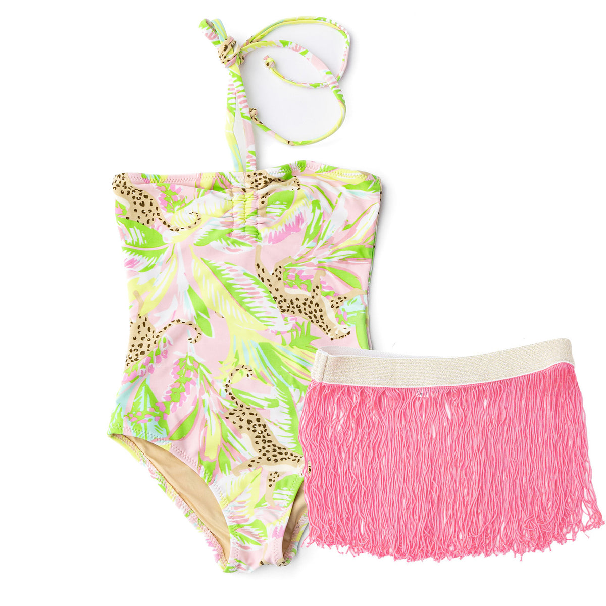 Cute Swimwear by Shade Critters Palm Beach Leopard Girls Halter One Piece & Fringe Skirt Swim Set 4t-14