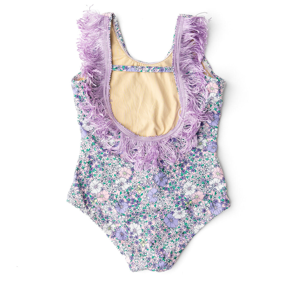 Back of Shade Critters Flower Power Purple Fringe Back One Piece Swimsuit 6m-14