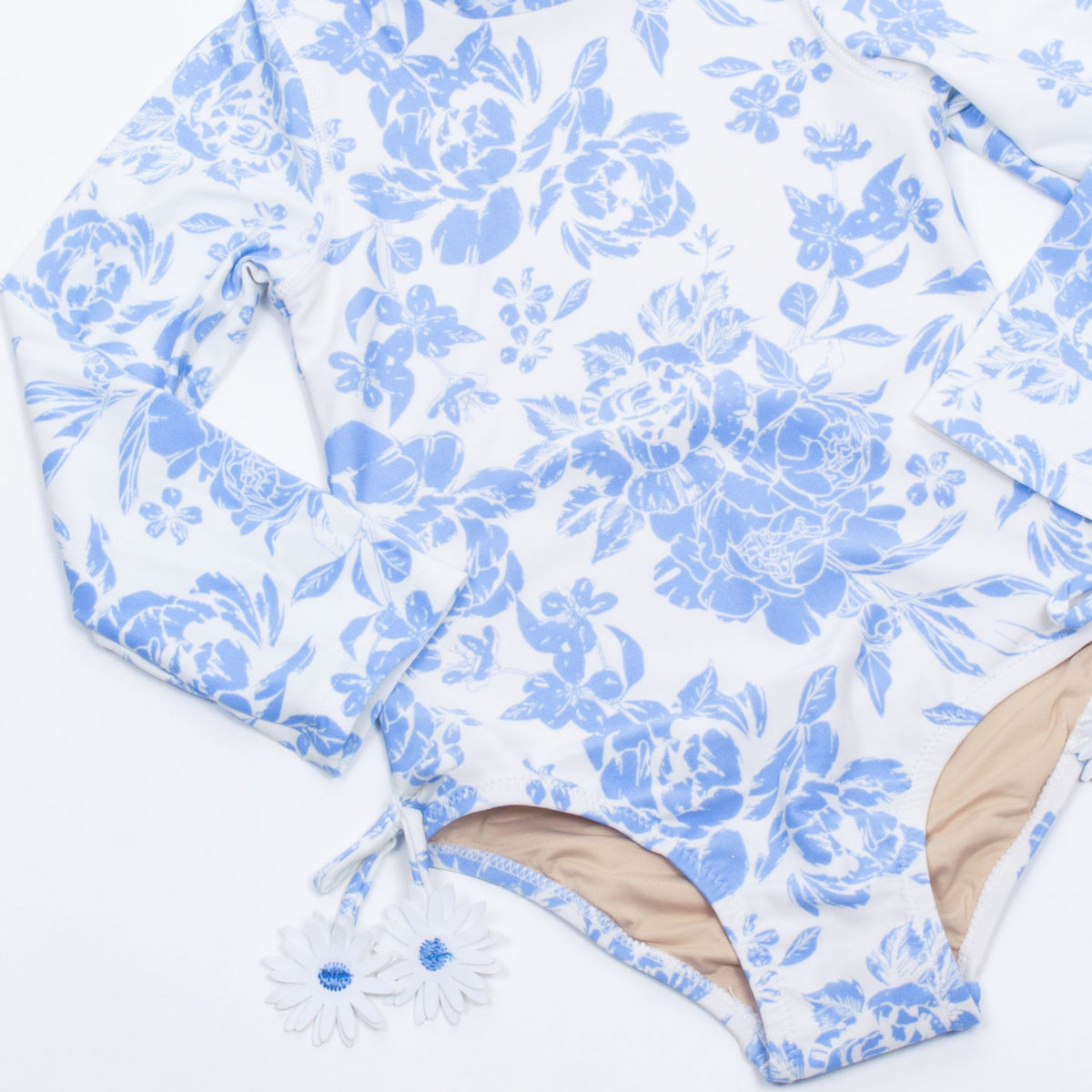 Flower Detail of Shade Critters Blue Bouquet Girls One Piece Long Sleeve Swimsuit