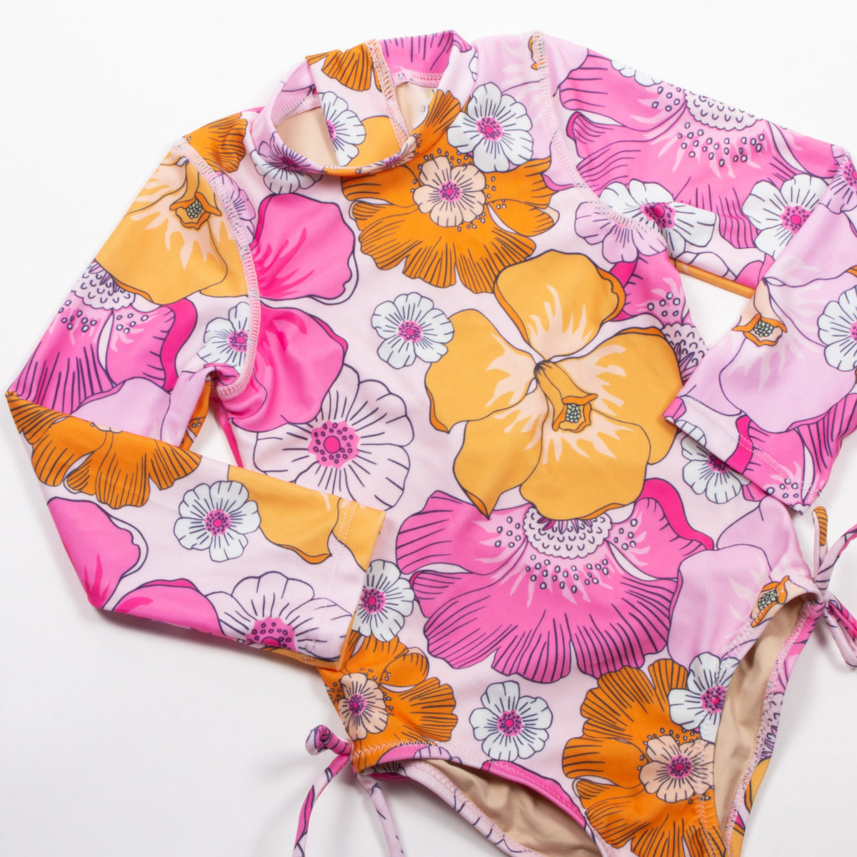 Detail of Shade Critters Blooming Hibiscus Girls One Piece Long Sleeve Bathing Suit
