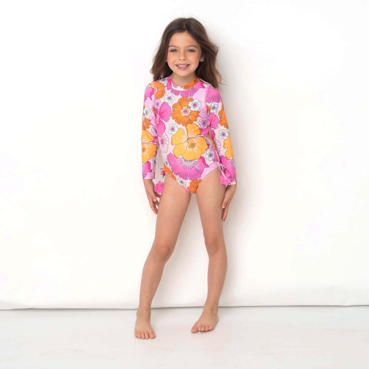 Image of Shade Critters Blooming Hibiscus Girls One Piece Long Sleeve Swimsuit Sun Protective