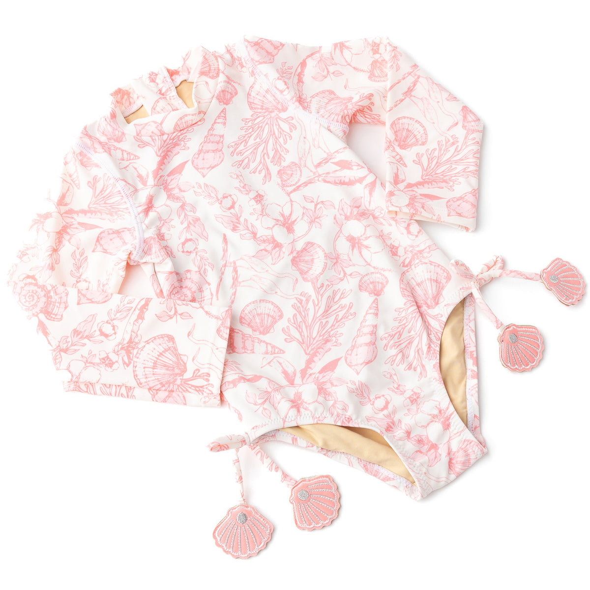 Children's Swimwear by Shade Critters Seaside Toile Girls Long Sleeve One Piece Swimsuit 6m-10