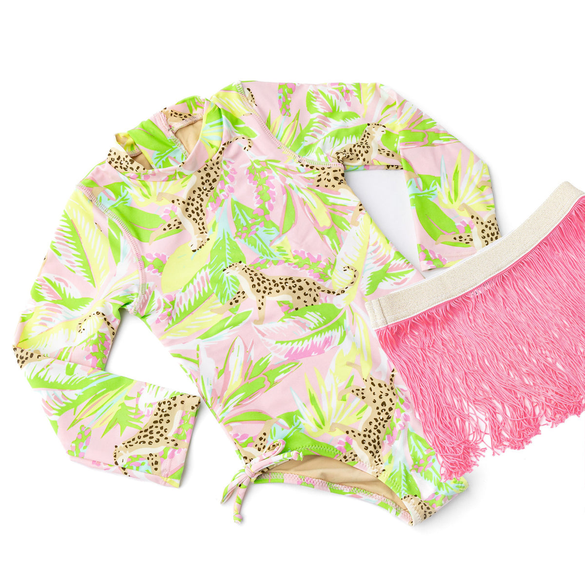 Adorable Kids in Shade Critters Palm Beach Leopard Girls Long Sleeve One Piece & Skirt Swim Set 6m-6