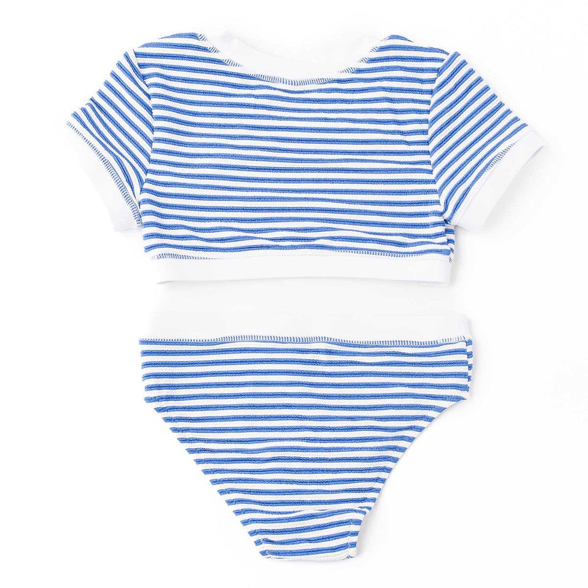 Girls blue striped ribbed bikini set with short sleeve crop top and coordinating bottoms, comfortable and stylish kids swimwear.