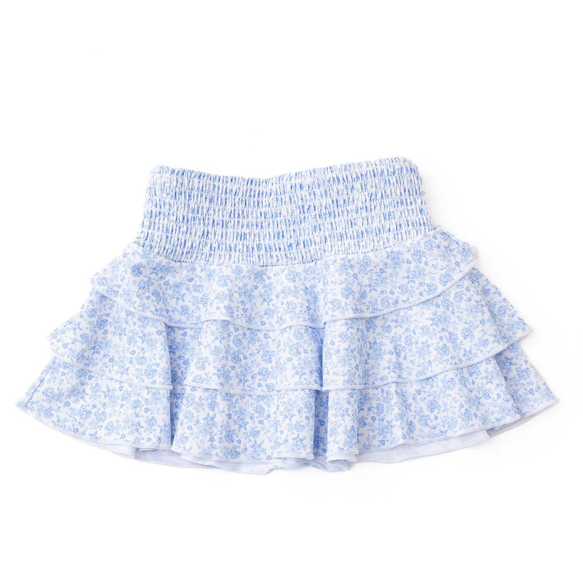 Girls coastal floral smocked ruffle skirt with tiered detail and comfortable fit, stylish kids swim cover up.