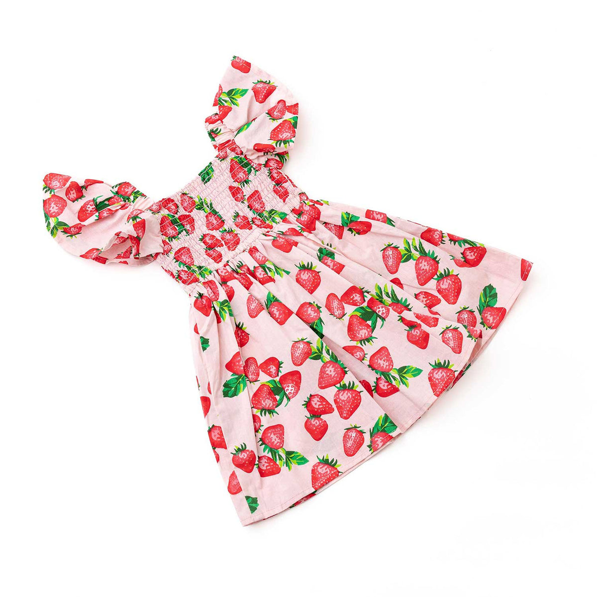 Girls strawberry print smocked dress with ruffle sleeves and flowy silhouette, lightweight kids summer outfit.