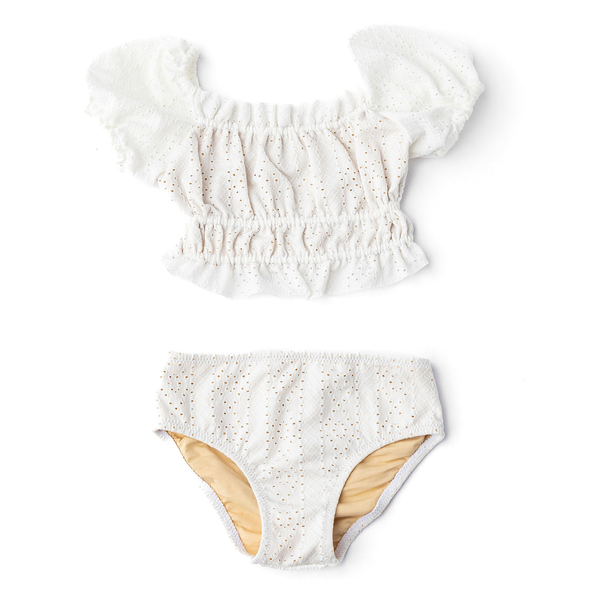 Shade Critters White Eyelet Girls Smocked Puff Sleeve Two Piece Swimsuit 2t-10