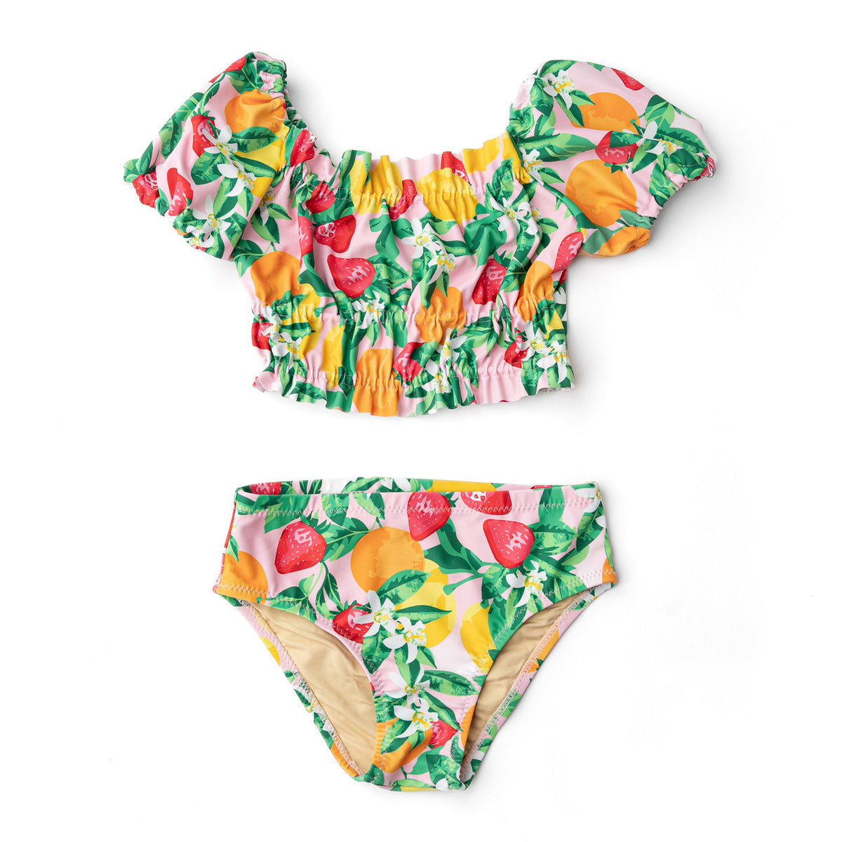 Adorable Kids in Shade Critters Fruit Punch Girls Smocked Puff Sleeve Two Piece Swimsuit 2t-10