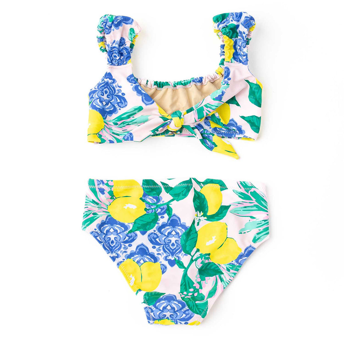 Girls citrus floral two piece swimsuit with cap sleeve top and coordinating bottoms, comfortable and trendy kids swimwear.