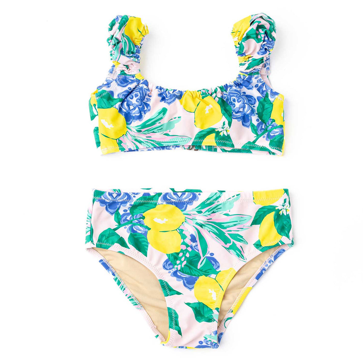 Girls citrus print two piece swimsuit with cap sleeve bikini top and matching bottoms, bright lemon floral kids swimwear.
