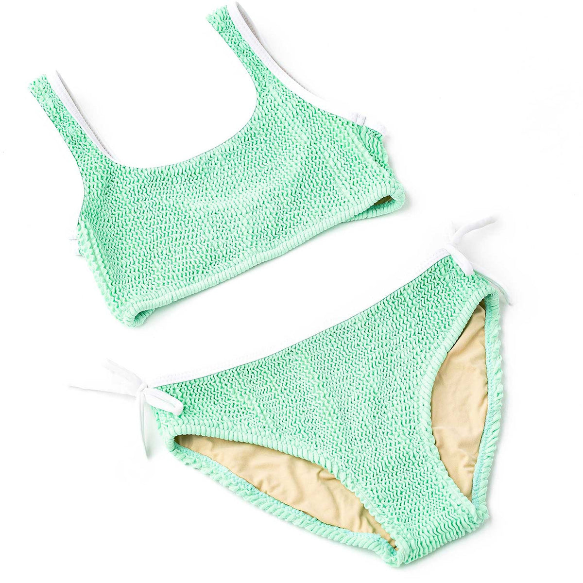 Girls mint green crinkle bikini with adjustable side ties and soft stretch fabric, stylish kids two piece swimsuit.