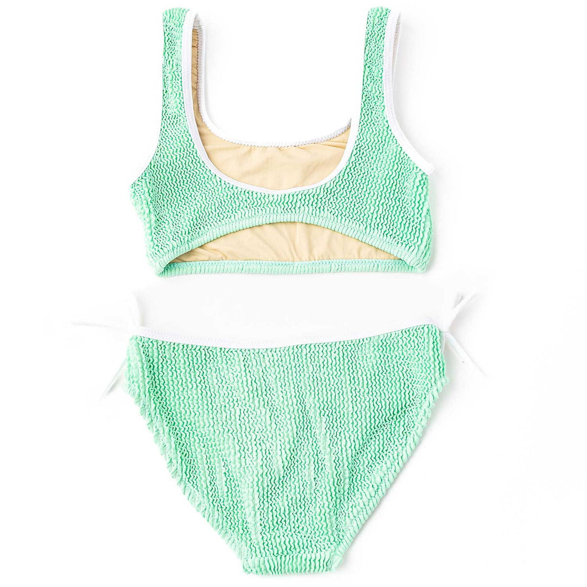 Girls mint crinkle two piece swimsuit with scoop back top and matching bottoms, comfortable and trendy kids swimwear.