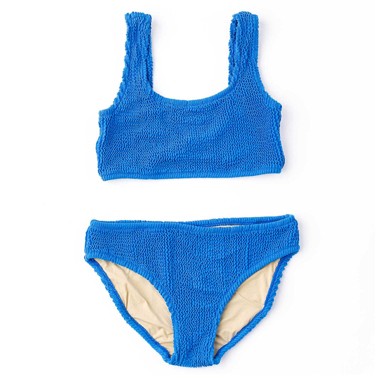 Shade Critters girls crinkle bikini set in cobalt blue with textured fabric, two piece swimsuit and modern kids swimwear.