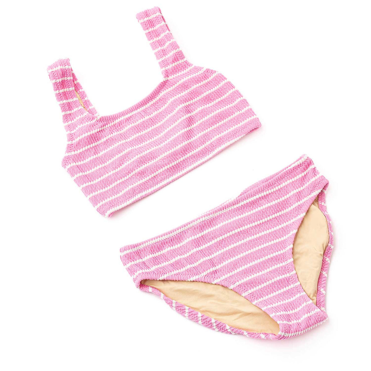 Girls pink stripe crinkle bikini with comfortable stretch fit and classic two piece swimsuit style, stylish kids swimwear.