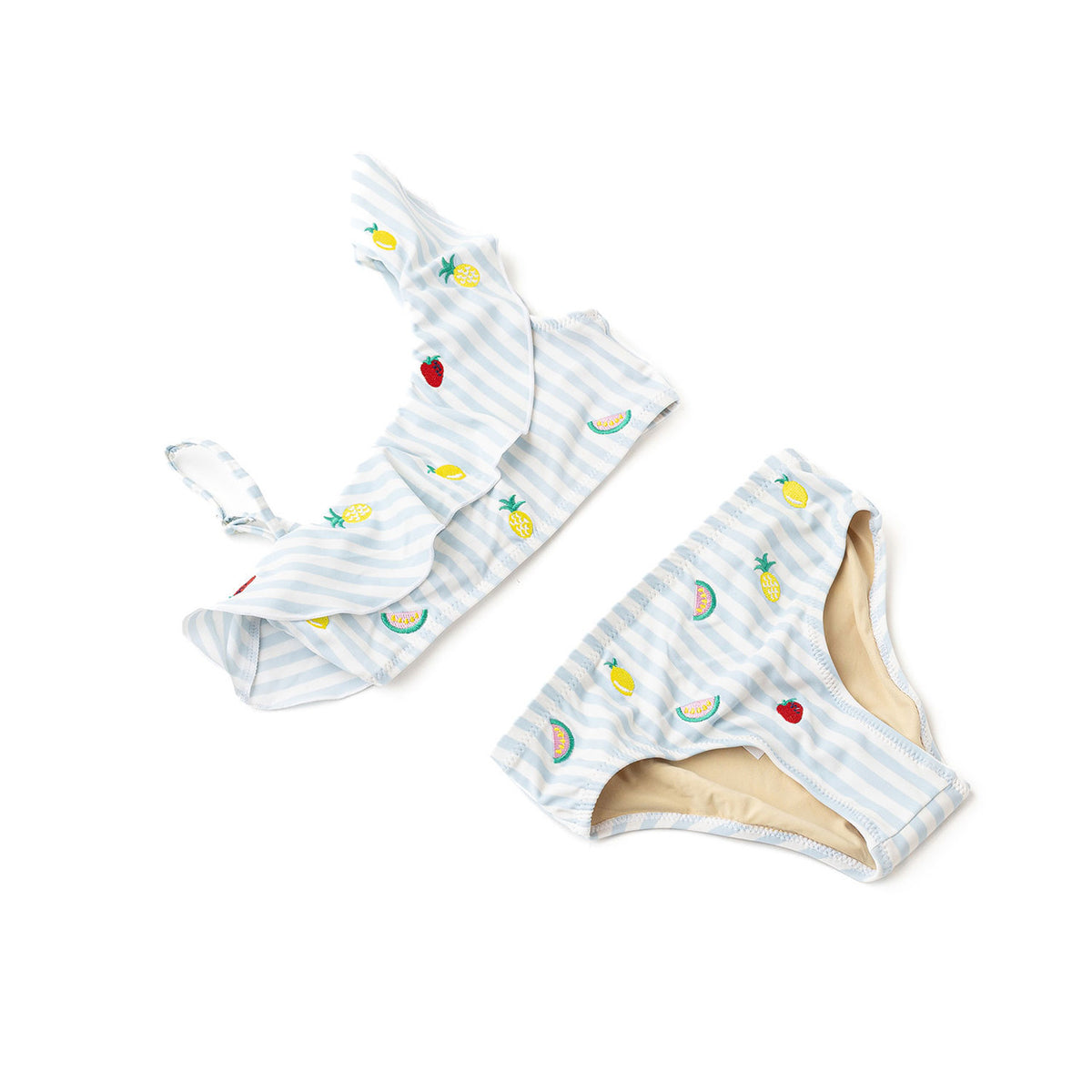 Girls bikini set in pastel picnic stripe with multicolor embroidery and ruffle detail, stylish kids swimwear two piece swimsuit.