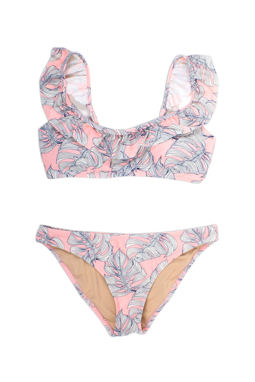 Women's Ruffle Bikini - Pink Monstera