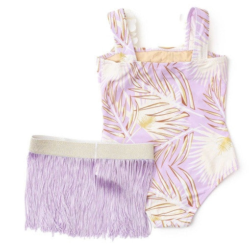 Back view of Purple Metallic Hula Girl girls one piece swimsuit with lavender palm metallic print.