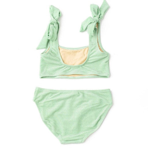 Full front flat lay of the Shade Critters swimsuit showing the coordinated shimmer top and full-coverage bottoms.