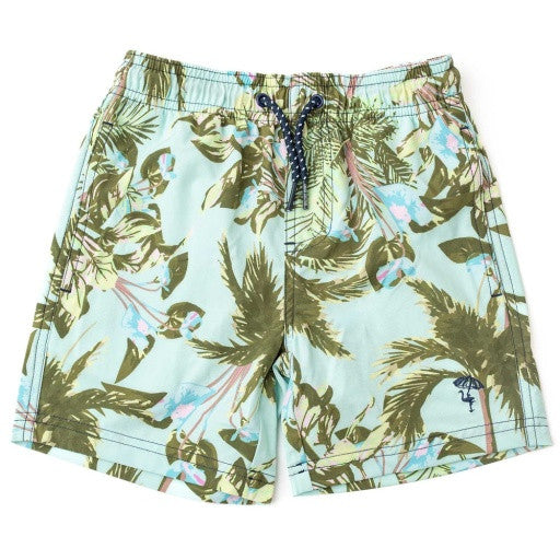 Shade Critters Boys Mint Tropics swim trunks with leafy tropical print and elastic waistband.