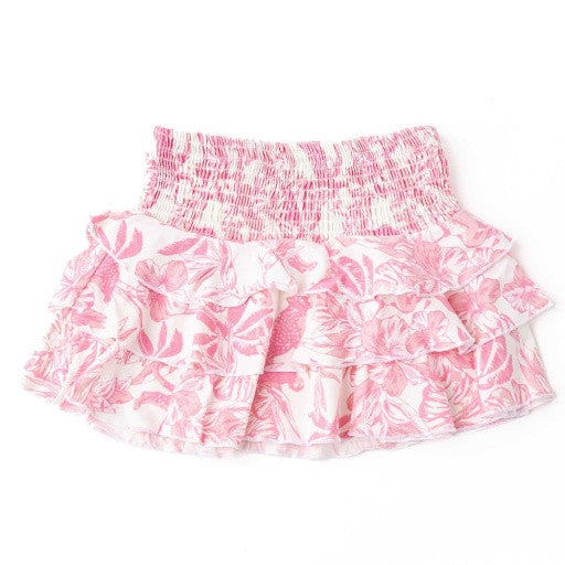 Full layout of the Shade Critters Pink Paradise Girls Smocked Ruffle Skirt highlighting its pink botanical pattern and playful movement.