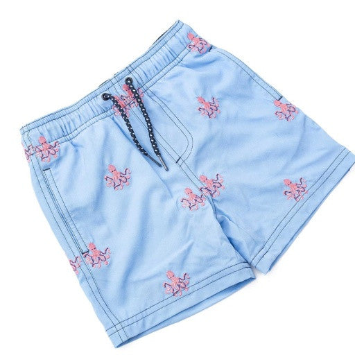 Angled view of Octopus Icon boys swim trunks highlighting embroidered octopus detail.