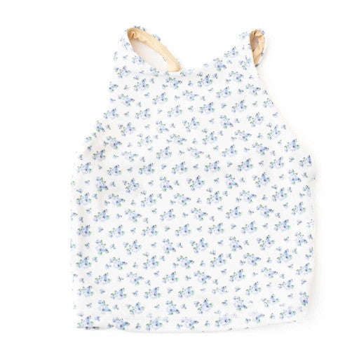 Front View: A front view of the Cottage Floral Blue active tank top by Shade Critters, featuring a high neckline and soft blue floral print on white.