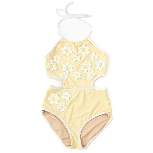 Shade Critters Girls Butter Yellow Daisy one piece swimsuit with 3D daisy appliqué and side cut-out.