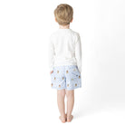 Boys striped swim trunks with embroidered teddy icons and elastic waistband, comfortable kids swimwear from back.