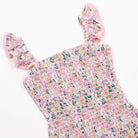 Ruffle Shoulder Detail of Shade Critters Pink Ditsy Floral Smocked Girls One Piece Swimsuit 6m-6